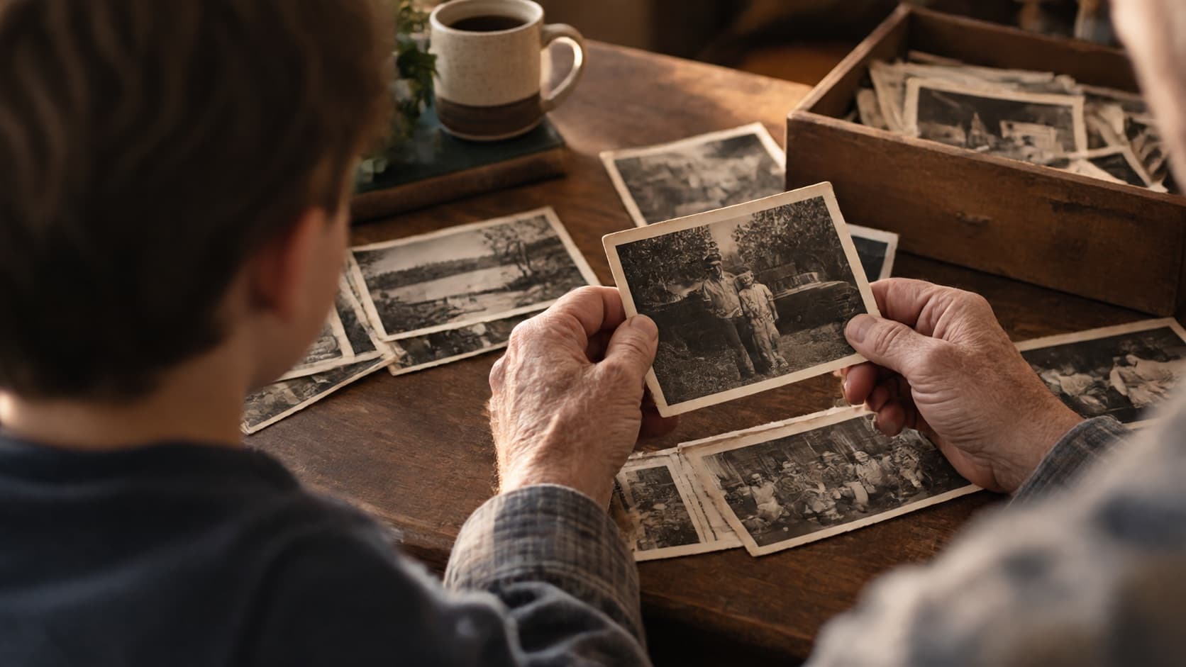 Weathered hands holding an old photograph above a box of family pictures