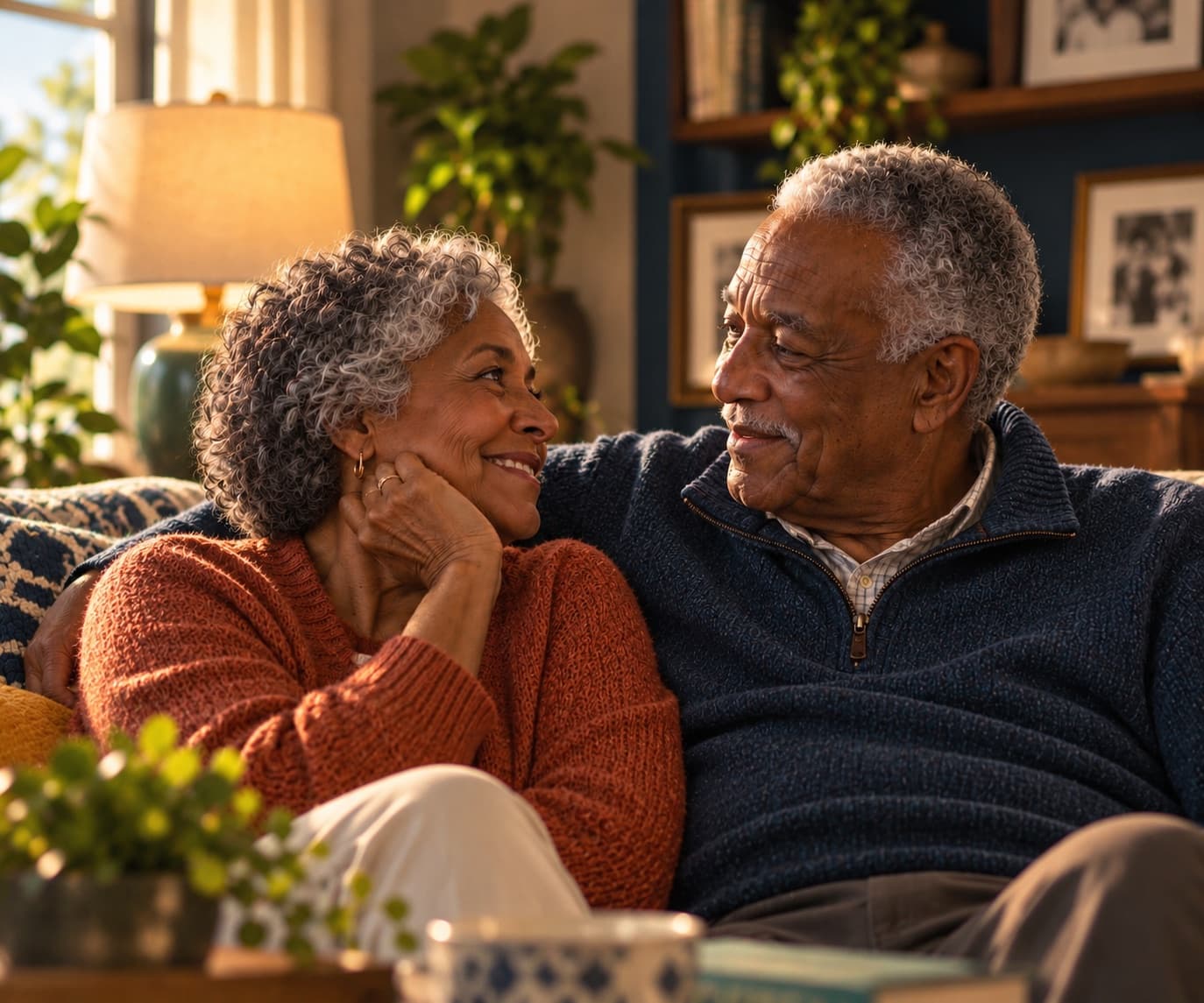 An older couple on the couch in warm lamplight, smiling at each other