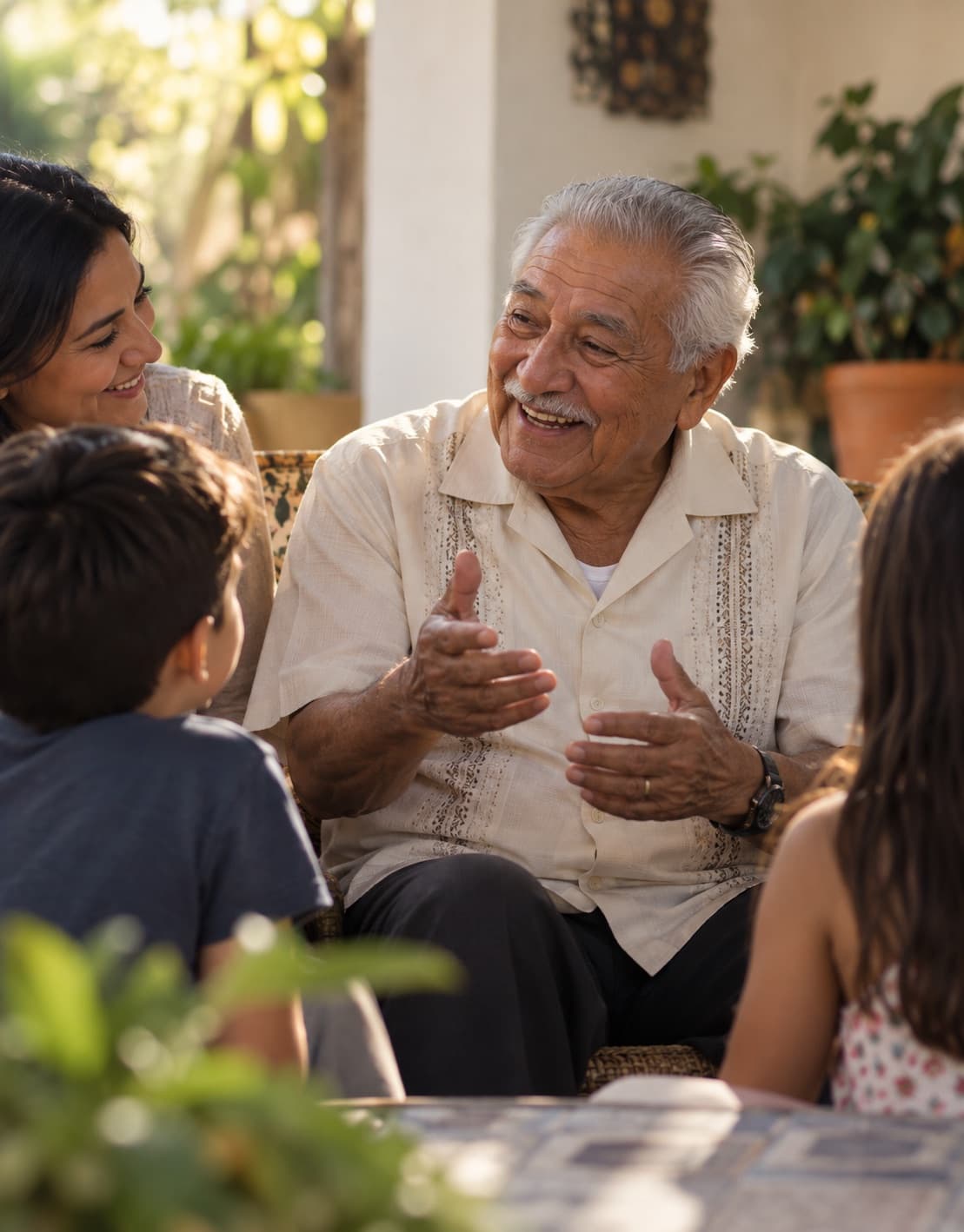 A grandfather laughing on the patio, his family gathered close around him