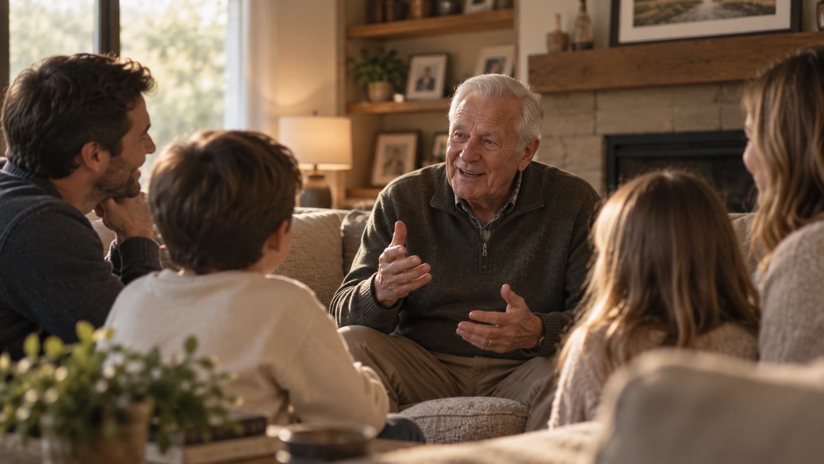 A grandfather telling a story to his family gathered around him on the couch